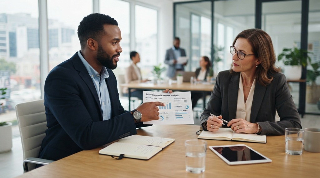 A man holding a document while confidently discussing salary terms with a hiring manager.