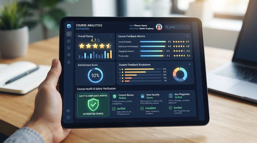 A digital dashboard showing online course safety checkmarks and warning icons.