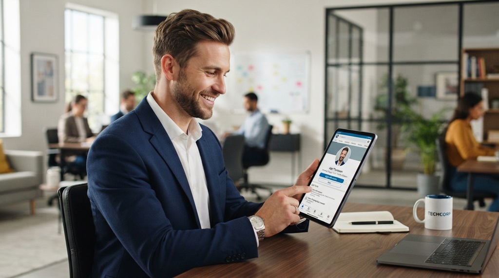 A smiling professional man updating his profile on a digital tablet.