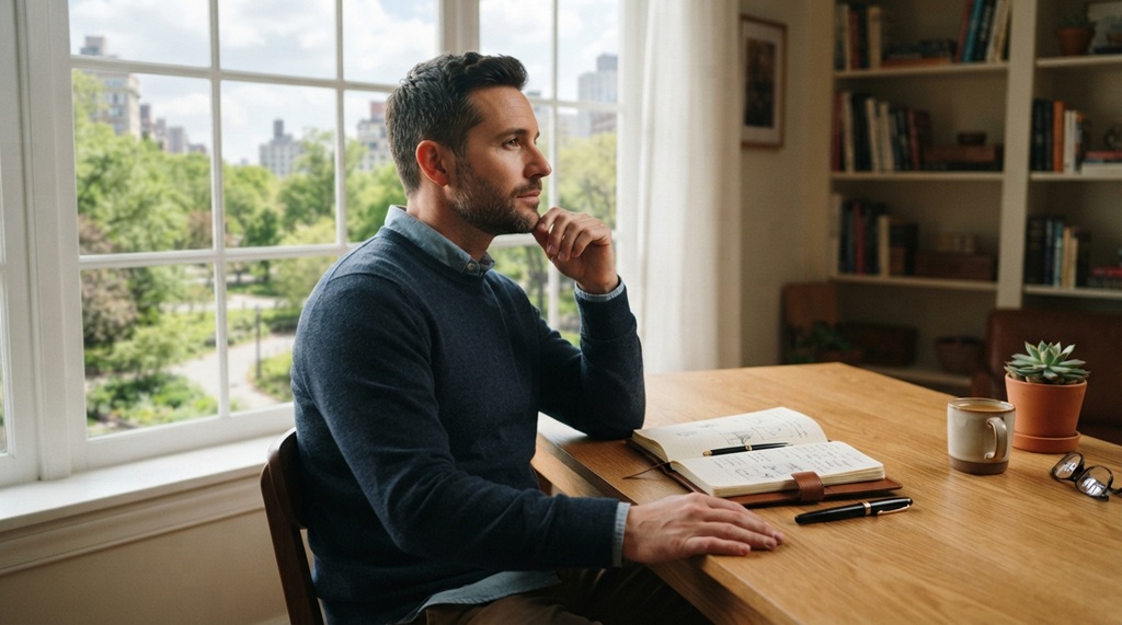 A man sitting at a desk planning goals in a notebook.