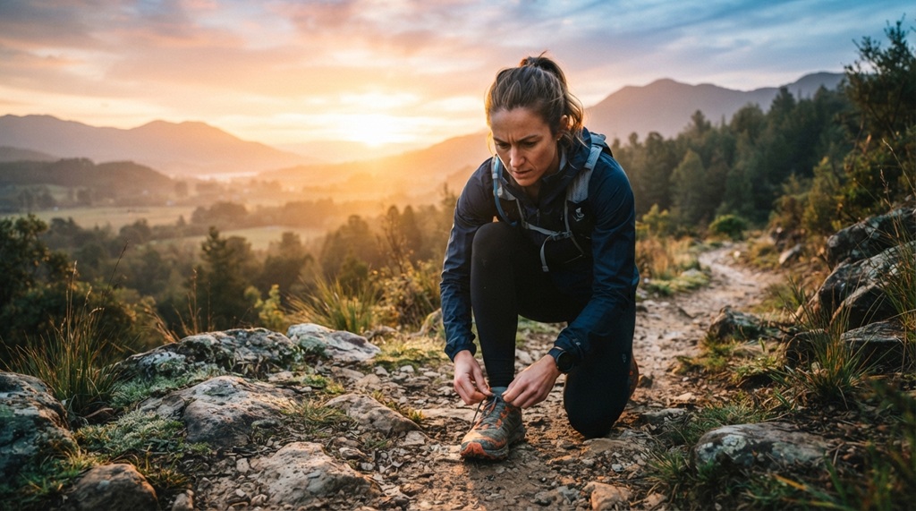 A runner tying shoelaces on a trail during a bright morning sunrise.