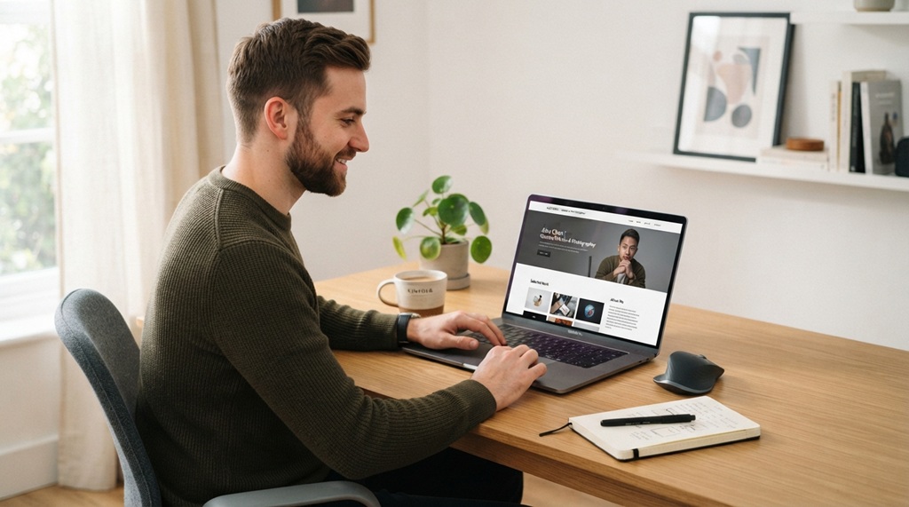 A person reviewing a modern website portfolio template on a laptop screen.