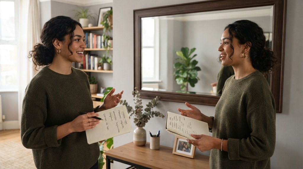 A candidate practicing interview responses in front of a mirror.
