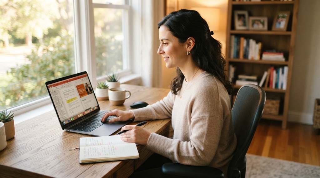 A professional quietly reviewing notes on a laptop before an interview.
