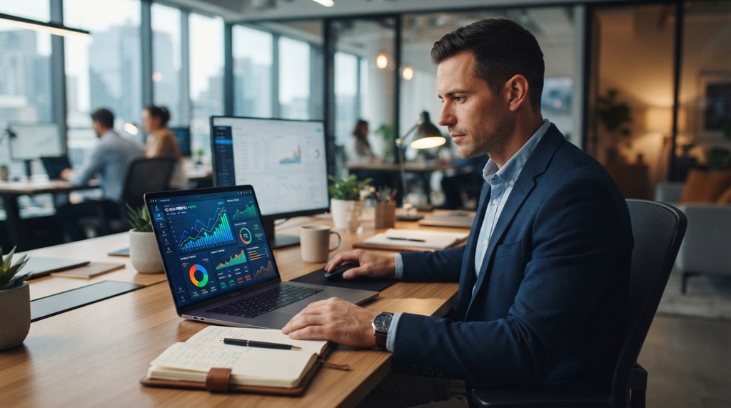 A man looking at dynamic financial growth graphs on his laptop screen.