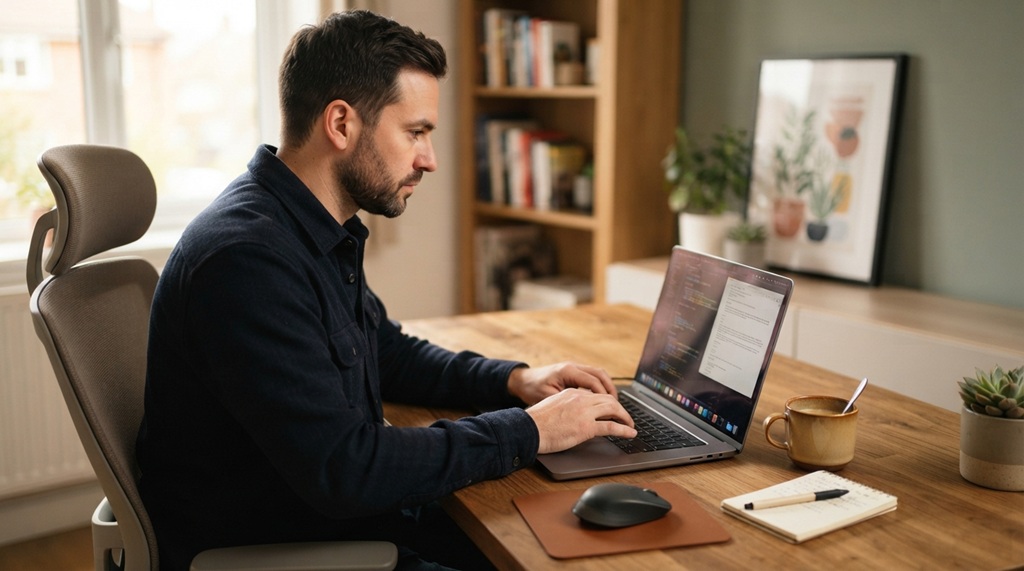 A man typing on a laptop with a cup of coffee at his desk.