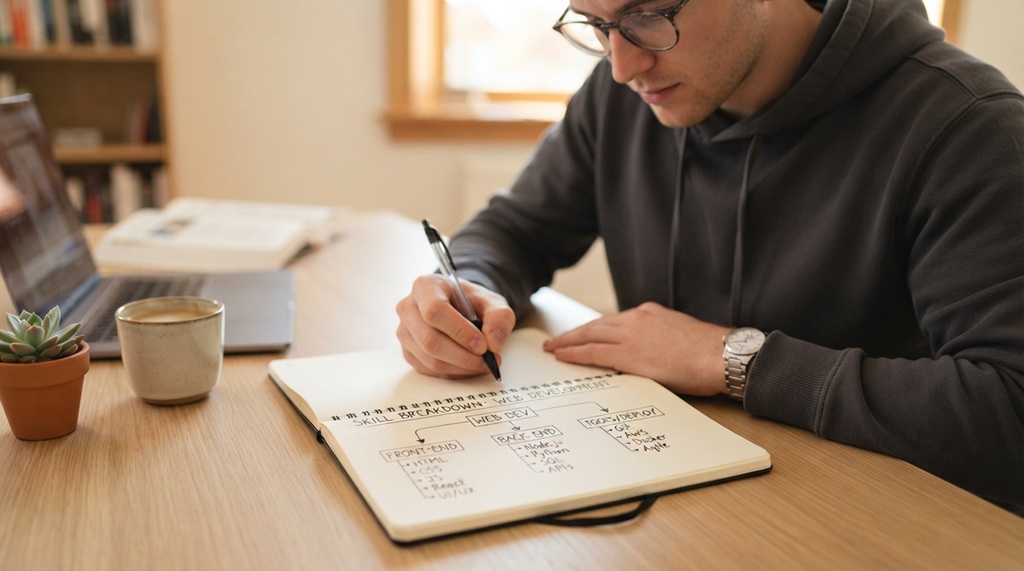 Male student writing structured study plan in notebook at desk.