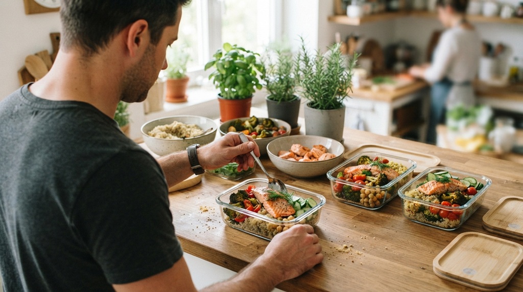 Man filling glass storage containers with prepped salmon quinoa bowls.