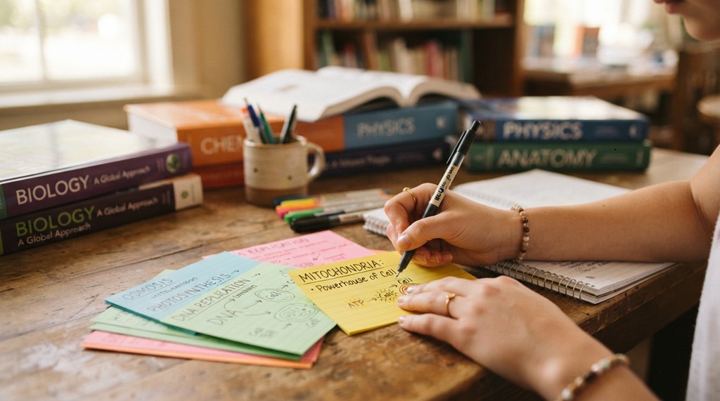 Hands organizing study flashcards on a wooden desk to memorize exam material.