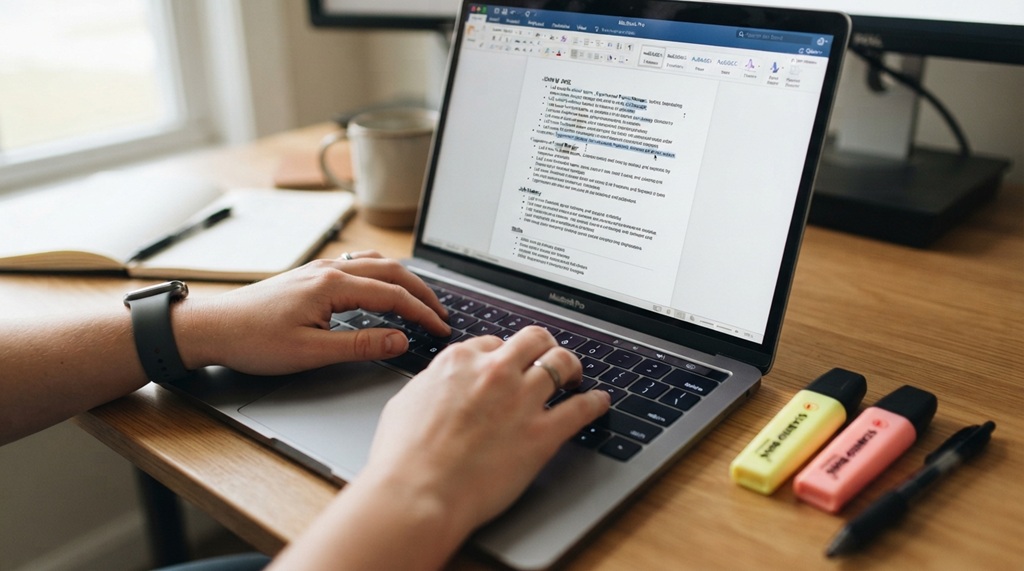 A person typing on a laptop while editing bullet points on a resume.