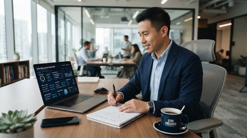 A man typing on a laptop and taking notes to research salary standards.