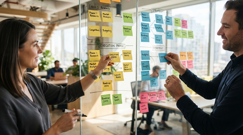 Hands organizing colorful sticky notes on a glass board during a strategy session.
