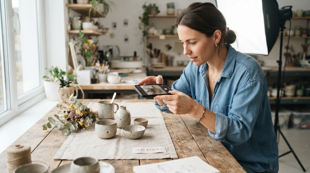 Person taking product photos with smartphone using simple desktop lights.