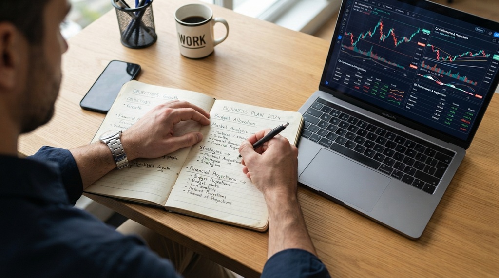 A man writing business planning strategy notes in a notebook.