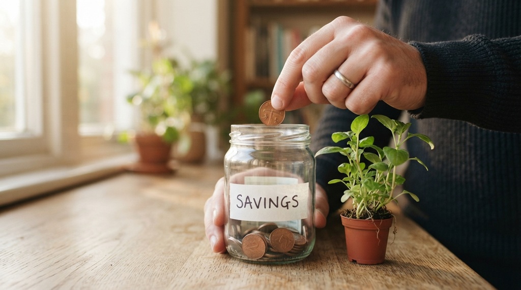 A man adding a coin to a glass jar beside a growing plant.