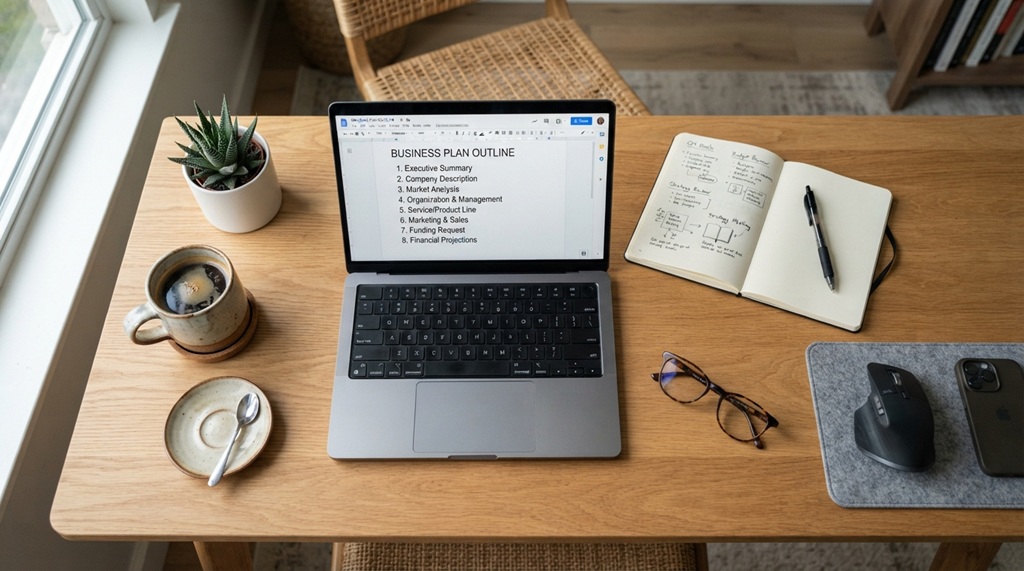 Aerial view of home office desk with laptop displaying a written business plan.
