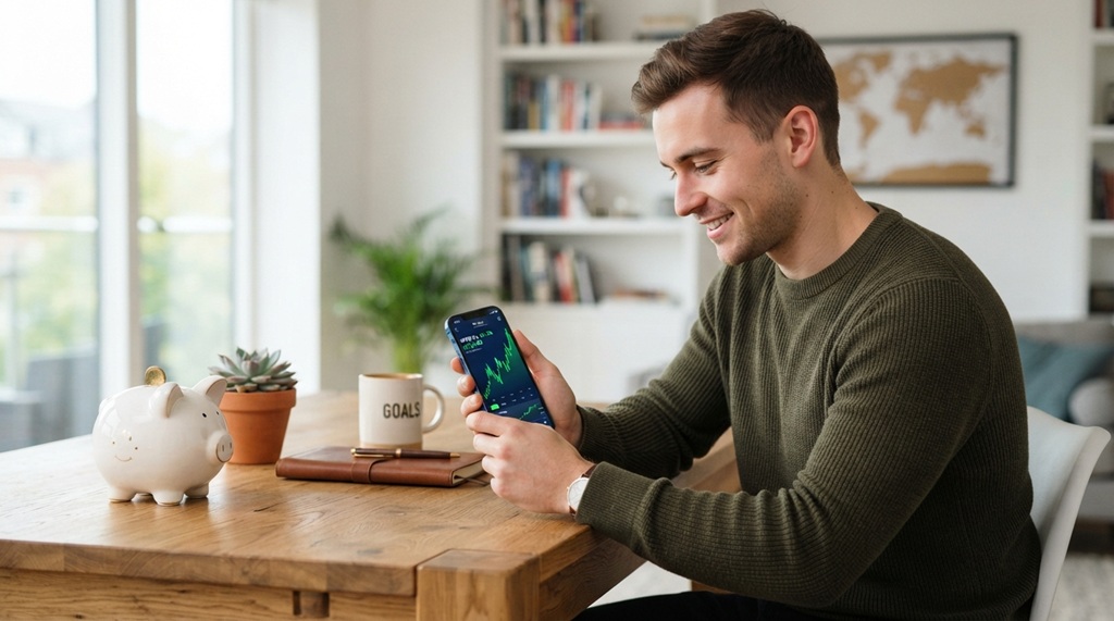 A man looking at financial growth charts on a smartphone near a piggy bank.