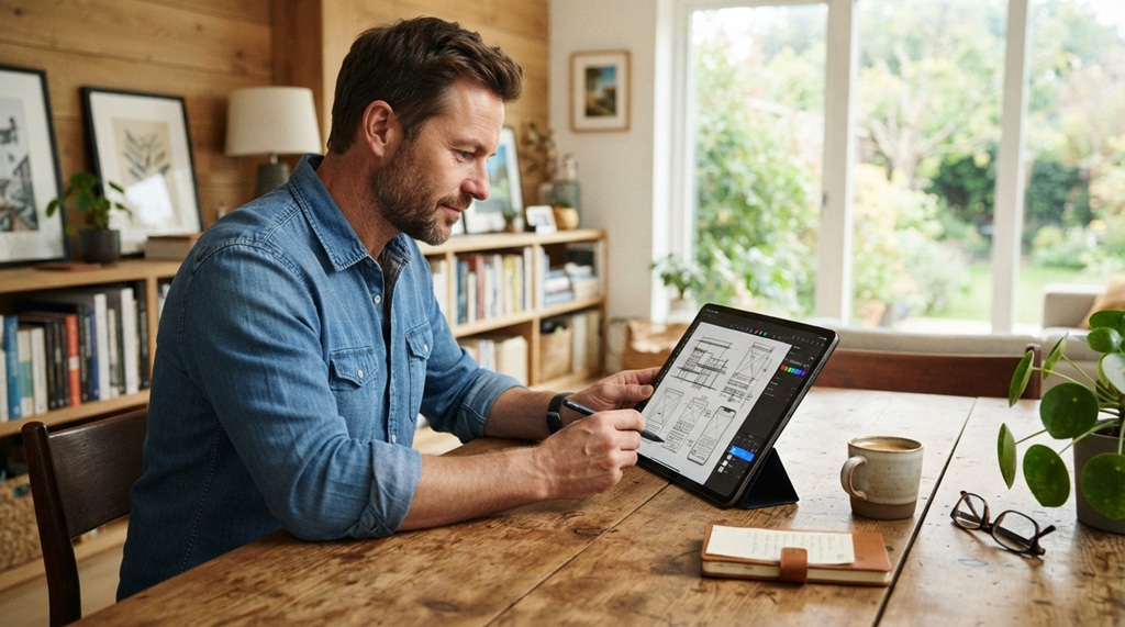 A man sketching design ideas on a digital tablet at a wooden table.