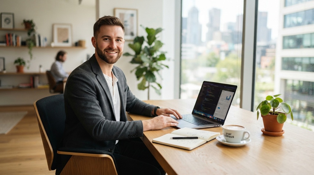 A man typing on a laptop at a modern wooden desk with coffee.