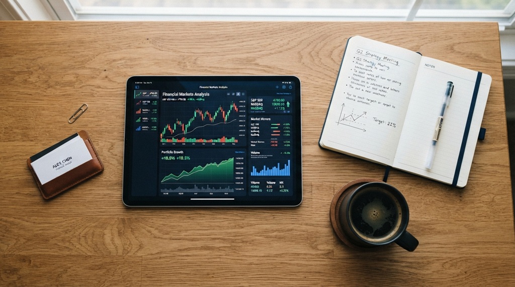 Tablet displaying financial growth charts beside a notepad on a desk.