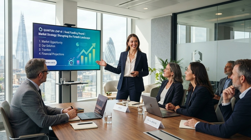 Founder presenting a startup business plan on a screen to corporate investors.