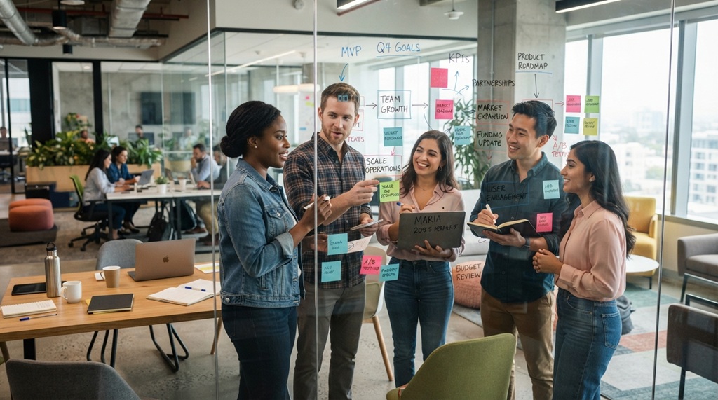 Startup team reviewing strategy documents around a glass board in an office.