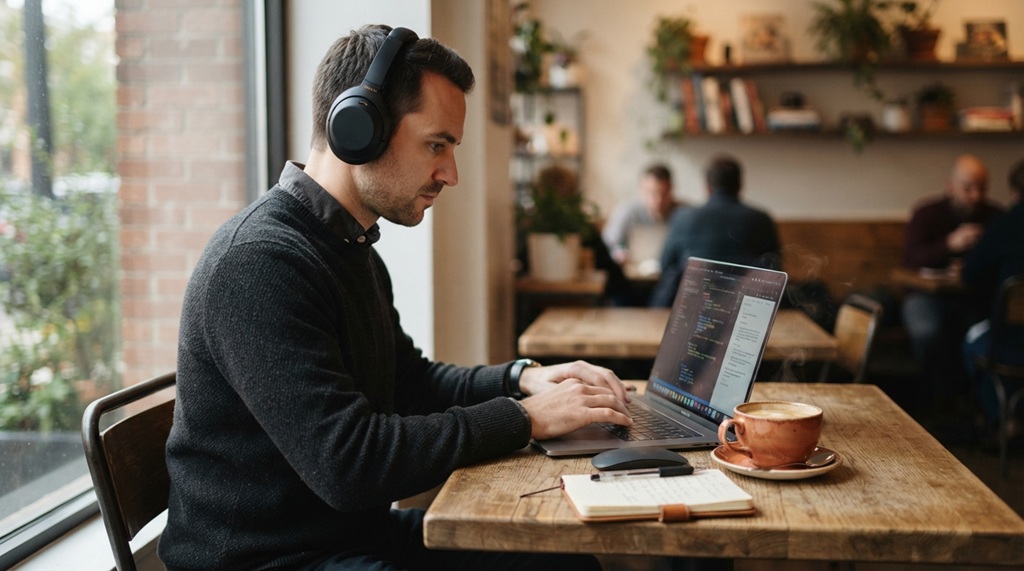 Man wearing headphones working intently on laptop with coffee mug.