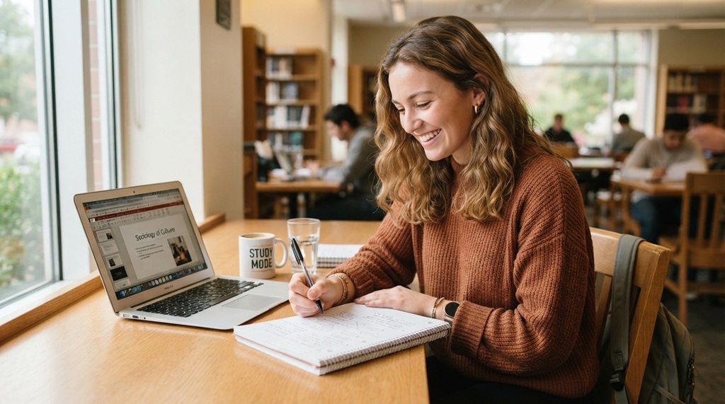 A female student taking notes on a notepad while watching a video lesson.