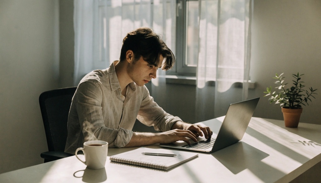 A man studying on a laptop at a clean desk with coffee.