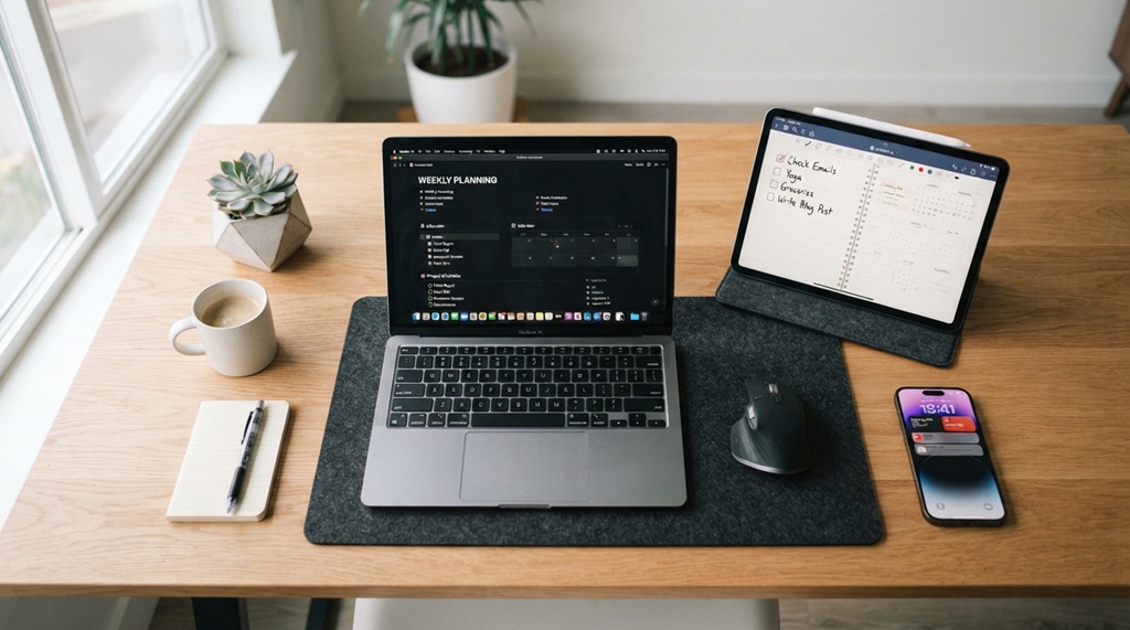 Digital devices displaying task management software on a modern office desk.