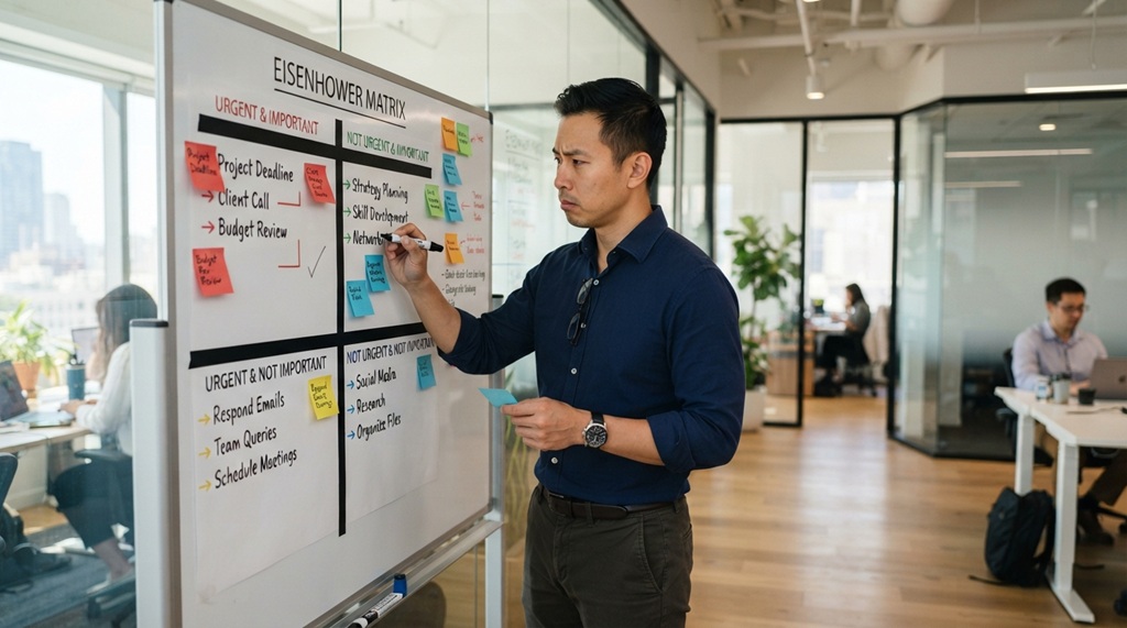 Man reviewing colorful sticky notes on whiteboard decision matrix board.