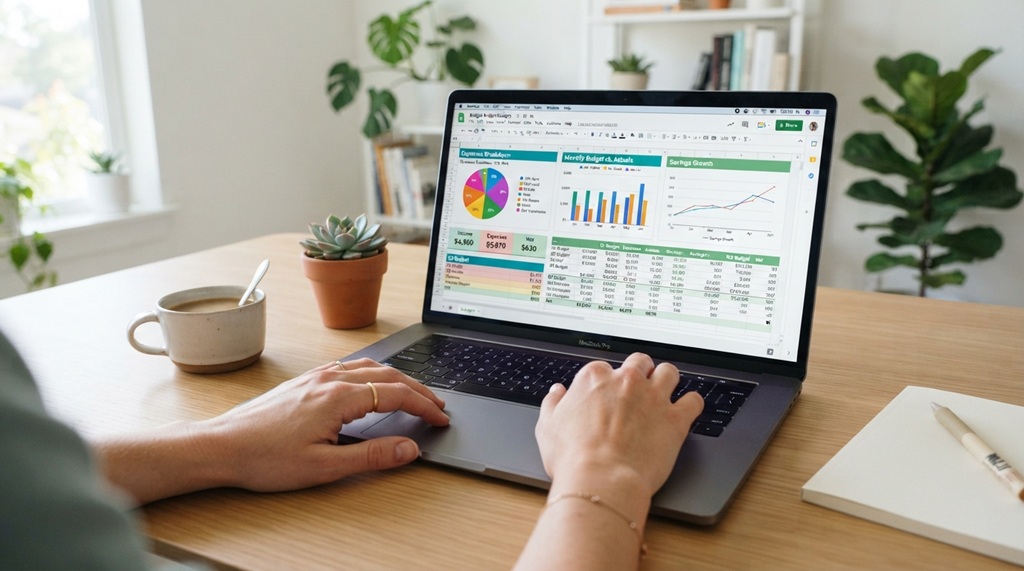 Close-up of laptop screen displaying charts for tracking monthly budget goals.