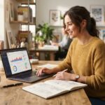 A woman working on a laptop with growth charts beside an artist sketchbook.