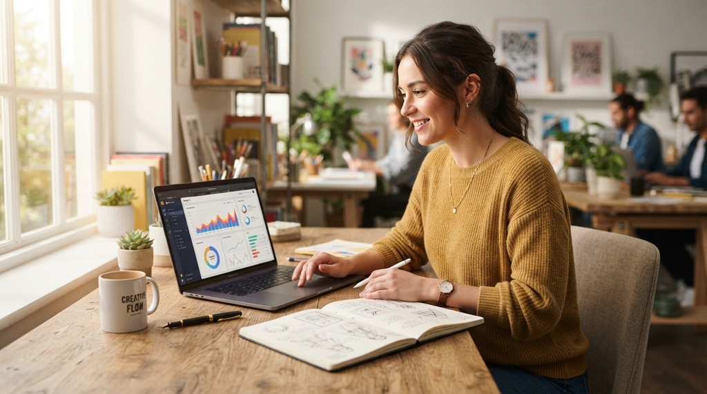 A woman working on a laptop with growth charts beside an artist sketchbook.