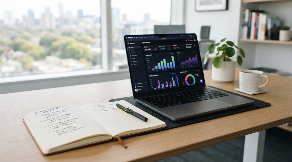 Open notebook with business plan outline on desk next to laptop with growth chart.