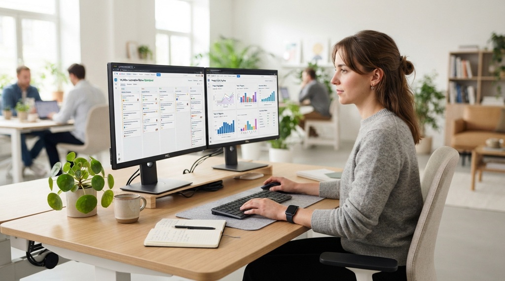 A woman analyzing automated workflow analytics on dual office computer screens.