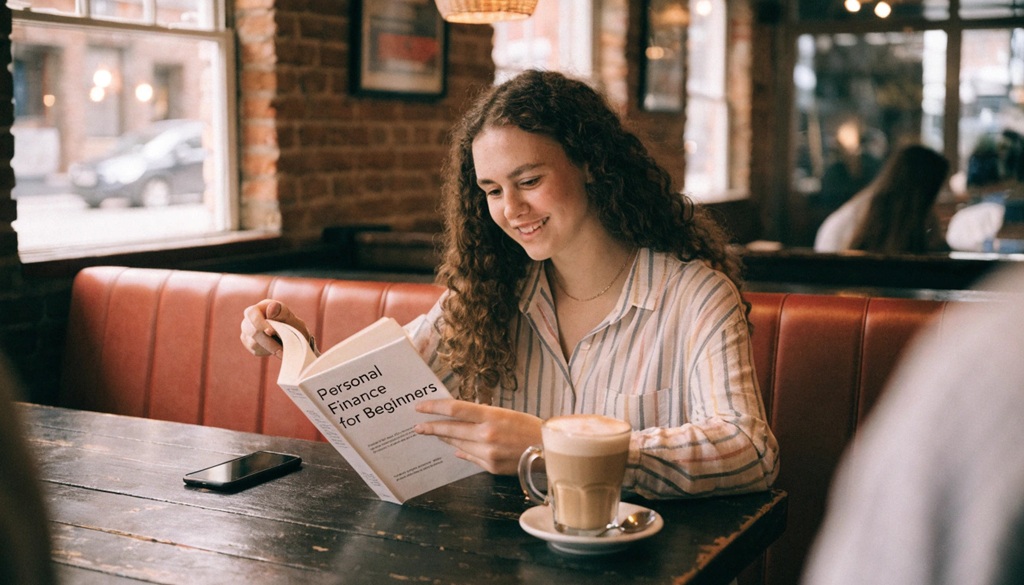 A young woman smiling while reading a finance book inside a cafe.