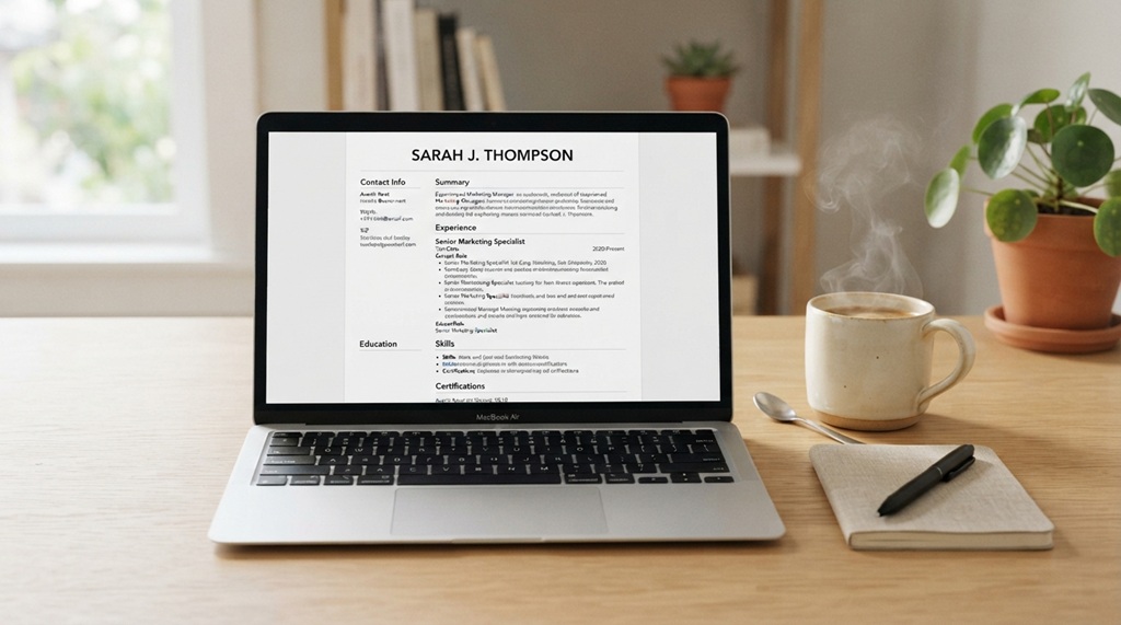 A clean desk setup showing a well-formatted resume on a laptop screen.
