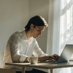 A young man typing on a laptop at a sunlit wooden desk.