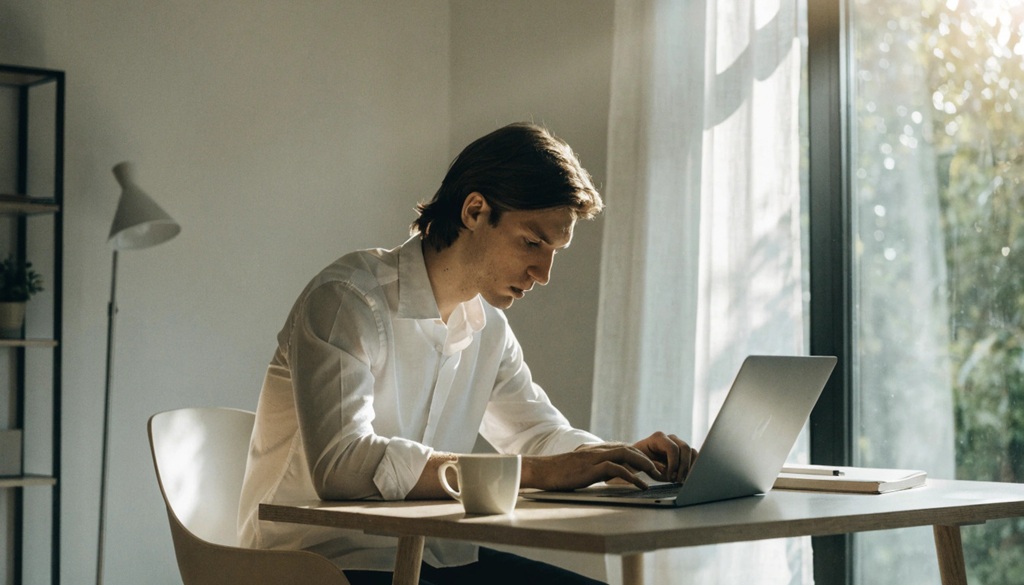 A young man typing on a laptop at a sunlit wooden desk.