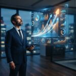 A man looking at glowing digital growth charts to accelerate career growth.