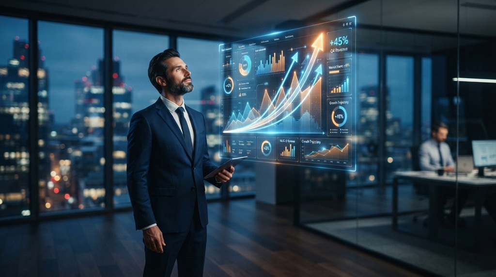 A man looking at glowing digital growth charts to accelerate career growth.