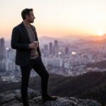 Man looking over city skyline setting ambitious long term goals.