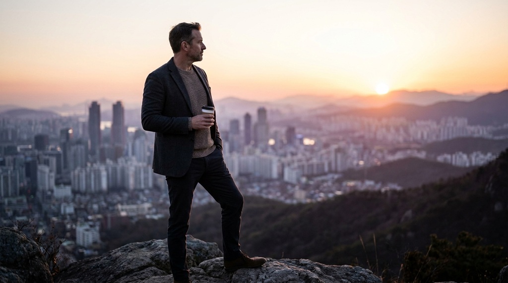 Man looking over city skyline setting ambitious long term goals.