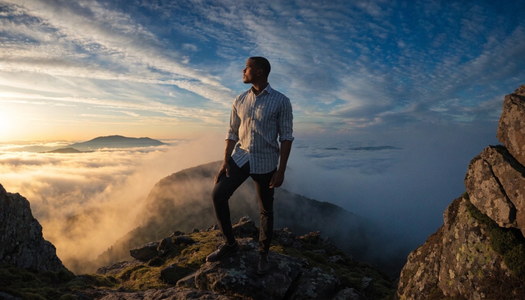 A determined man standing on a mountain peak looking at the sunrise.