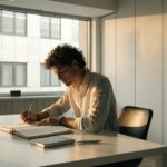Man writing in journal at clean desk during early morning sunrise.