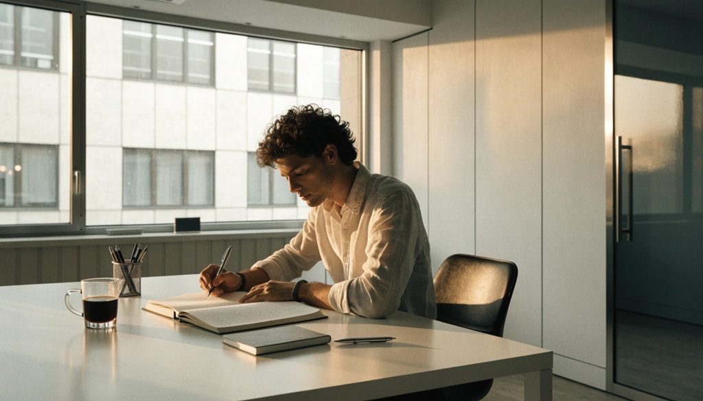 Man writing in journal at clean desk during early morning sunrise.