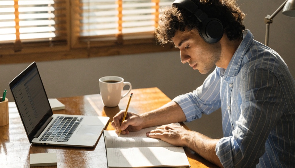 A man writing in a journal at a wooden desk near a laptop.