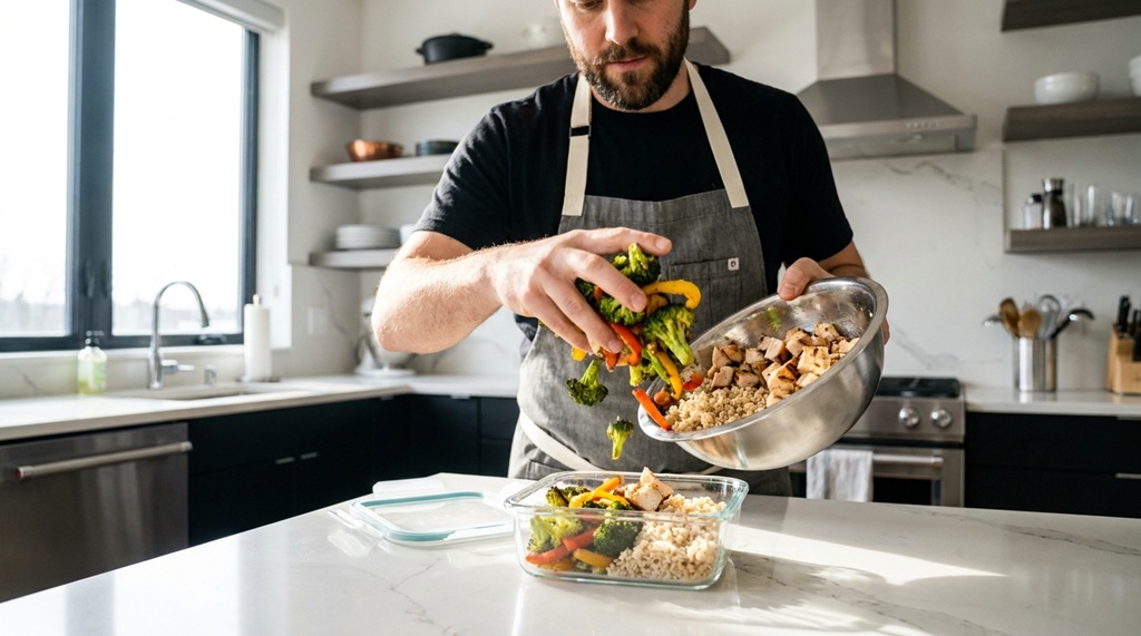 A man filling meal prep containers with healthy chicken and roasted vegetables.