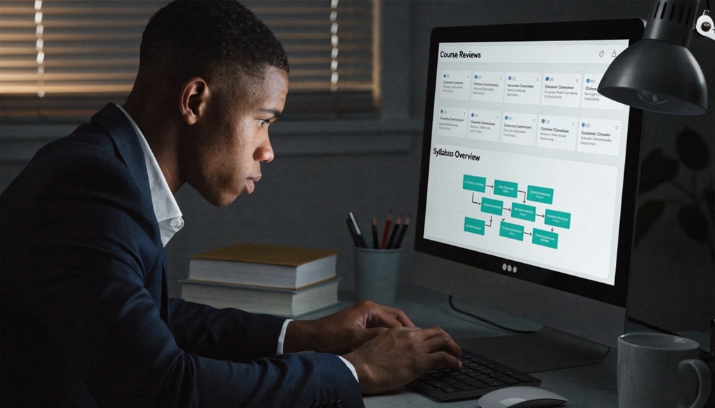 A male professional analyzing online course reviews on a monitor screen.